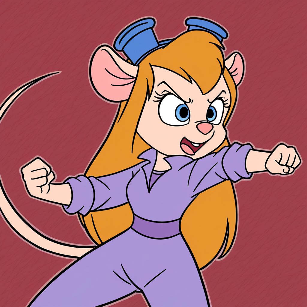 Furry, girl, Gadget Hackwrench, solo. rodent, kung fu pose, wearing a red colour top, dark blue colour kung fu trousers outfit. Ready to fight bad guys. Streets background.