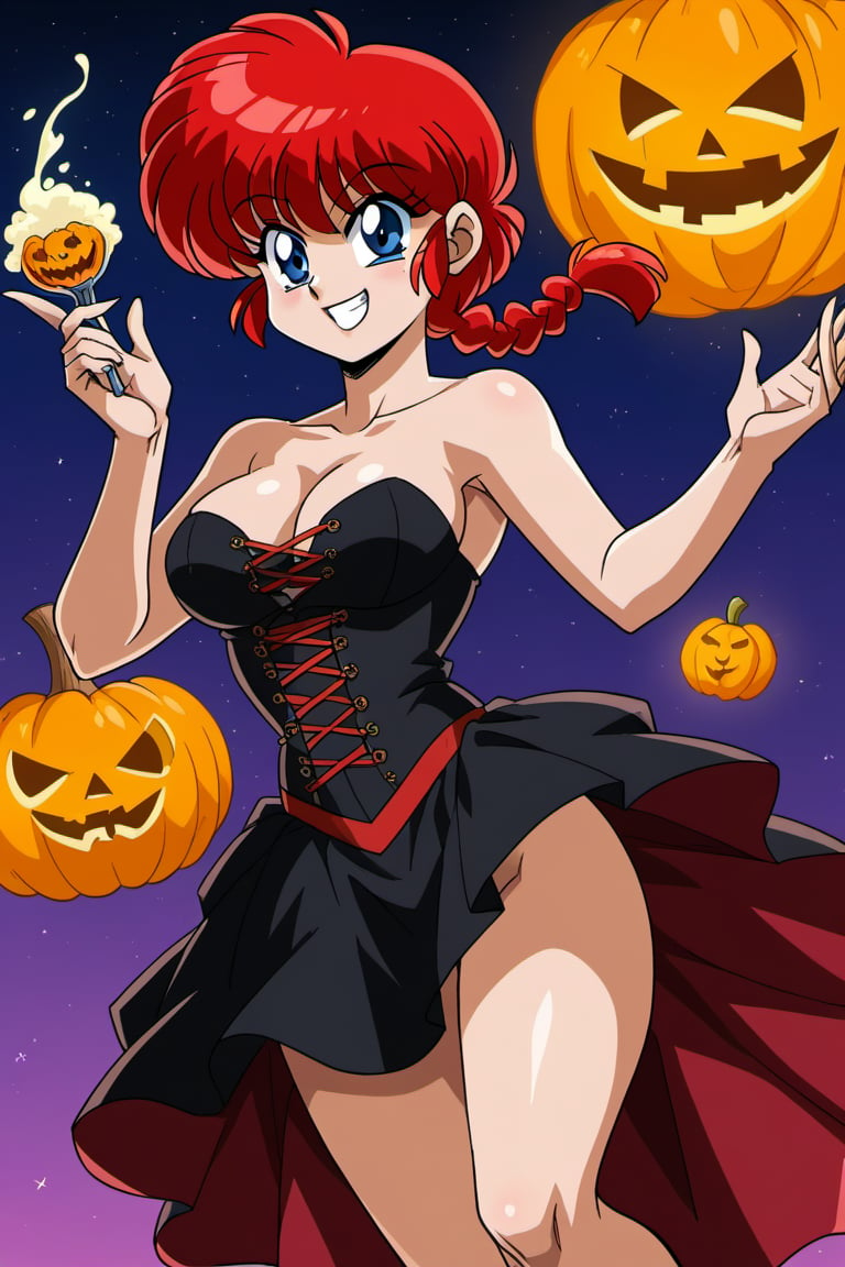 Ranma-chan stands alone, her vibrant red locks flowing down the center of her back in a sleek single braid, as she flashes a radiant smile beneath piercing blue eyes. She wears a sultry witch's costume, complete with a tantalizing corset and a flowing black skirt, showcasing her ample bosom. The atmosphere is electric at this Halloween party, and Ranma-chan is the belle of the ball, radiating an aura of confidence and allure.