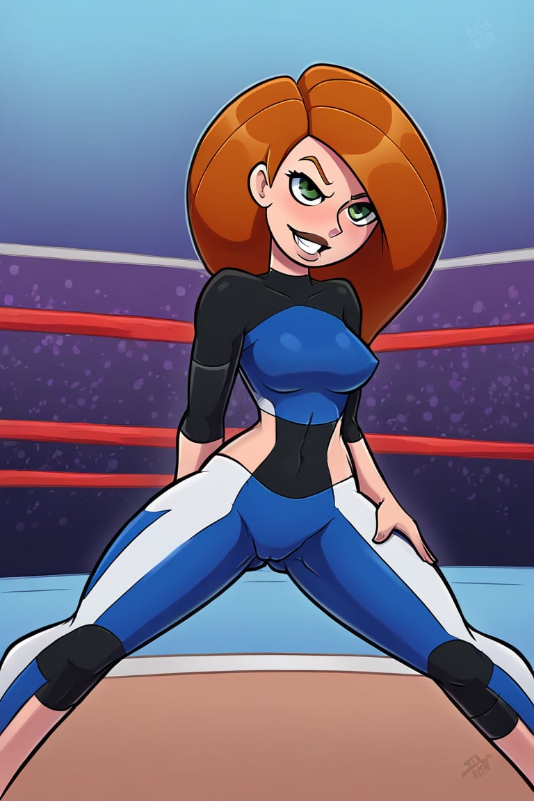 Kim Possible poses confidently in a sexy yellow and blue wrestling suit, she entered the wrestling ring ready to fight.