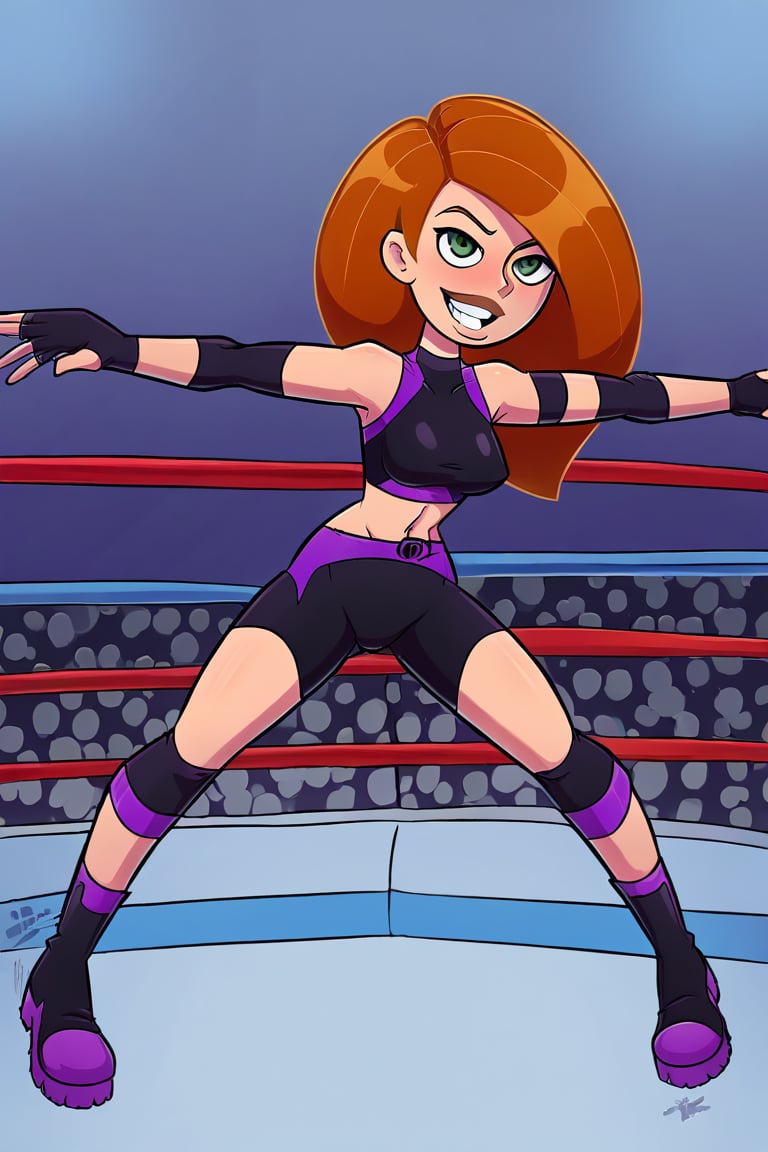 Kim Possible poses confidently in a sexy yellow mix blue wrestling suit, she entered the wrestling ring ready to fight.