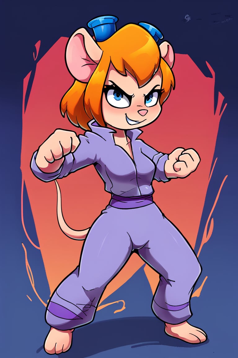 Furry, girl, Gadget Hackwrench, solo. rodent, kung fu pose, wearing a red colour top, dark blue colour kung fu trousers outfit. Ready to fight bad guys. Streets background.