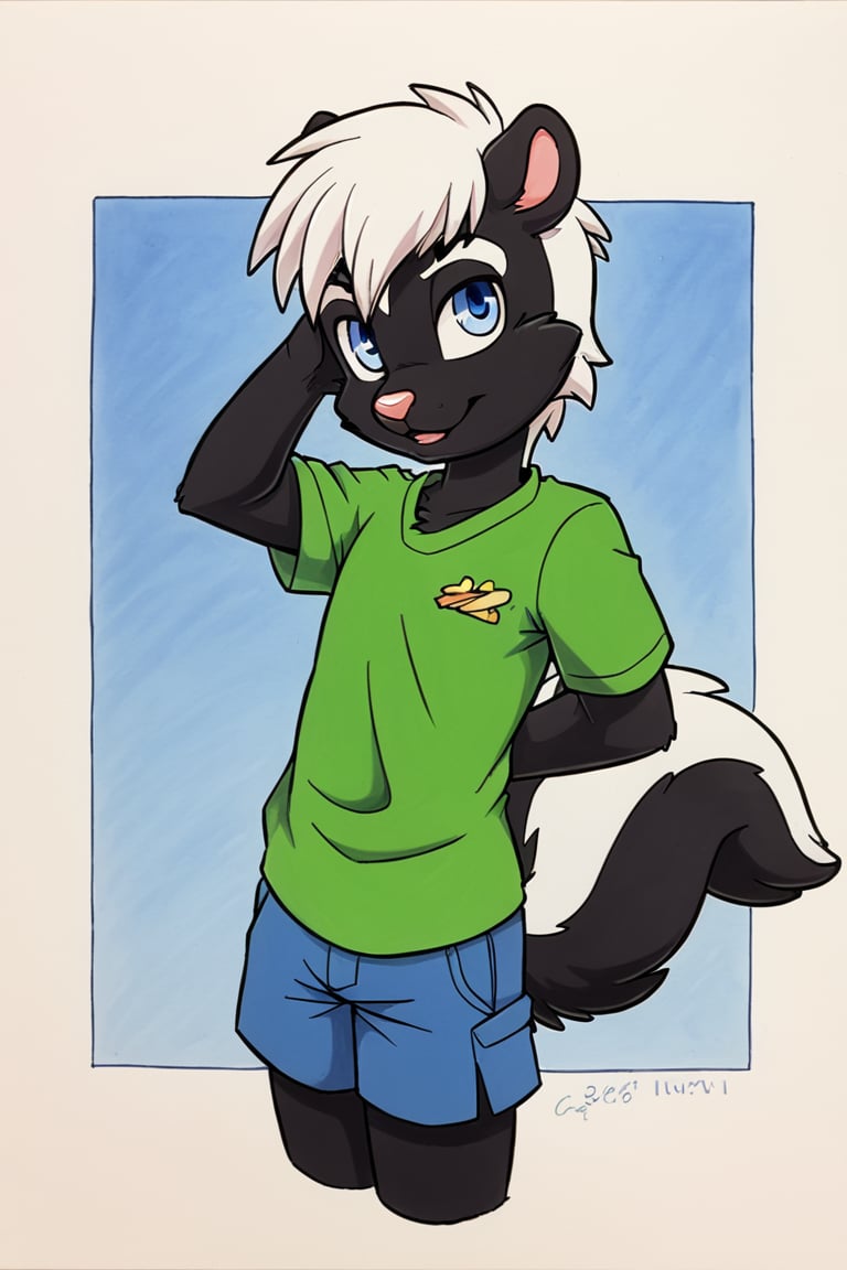 90's style cartoon, solo, male skunk, age: 13, black fur, short white hair, blue eyes, wearing a green t shirt and blue shorts,