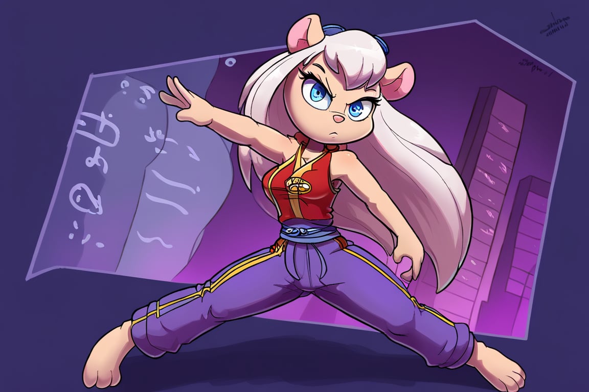 Solo, Furry, girl, mice, Long white hair, blue eyes, fighting pose. wearing a red Sleeveless Martial Arts Kung Fu Taichi Uniform Suit Wushu Nanquan Clothes Outfit, With the words saying EM on her yellow badge on her left chest. Night blue trousers. City street background. She likes Listen to the music of a Nsync.
