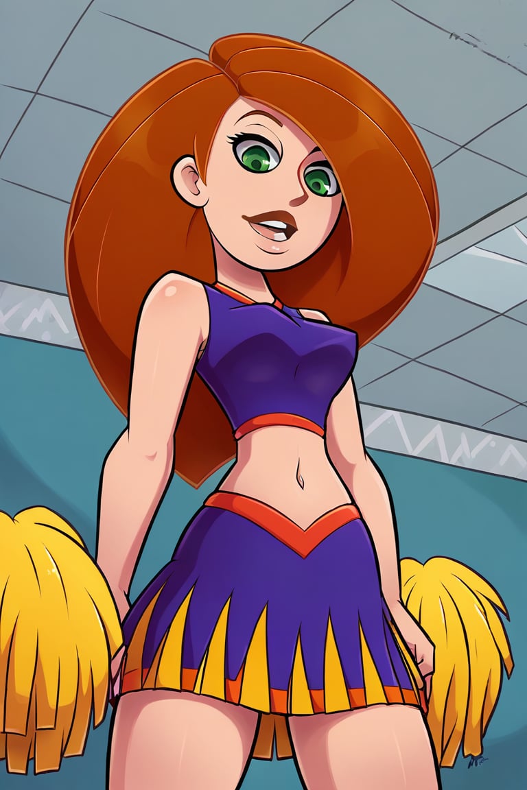 kim possible, 1girl, solo, long hair,skirt, navel, green eyes, midriff,orange hair,crop top,cheerleader,pom pom (cheerleading), room, room background, cowboy shot,from below,