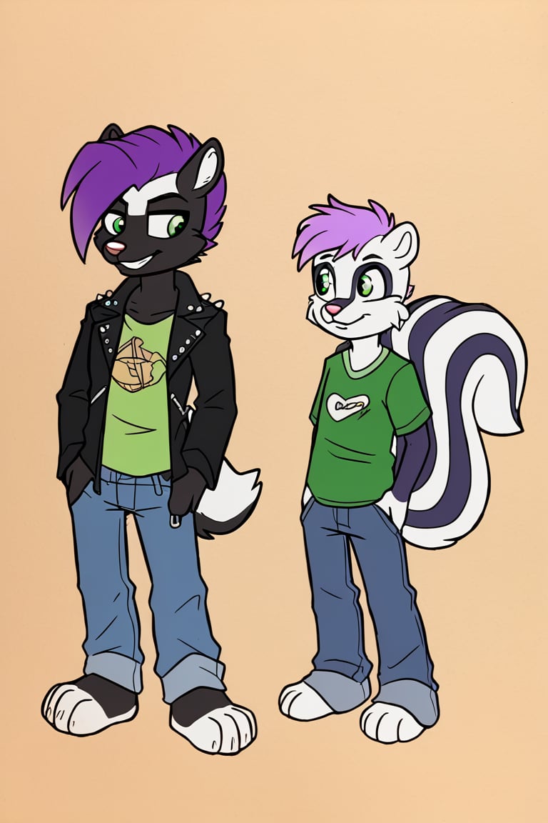 90's style cartoon, duo, tall, male skunk, age: 30, wearing a leather jacket with t shirt and blue jeans, a small skunk boy age: 6, shot purple hair, black fur, wearing a green t shirt and blue shorts.