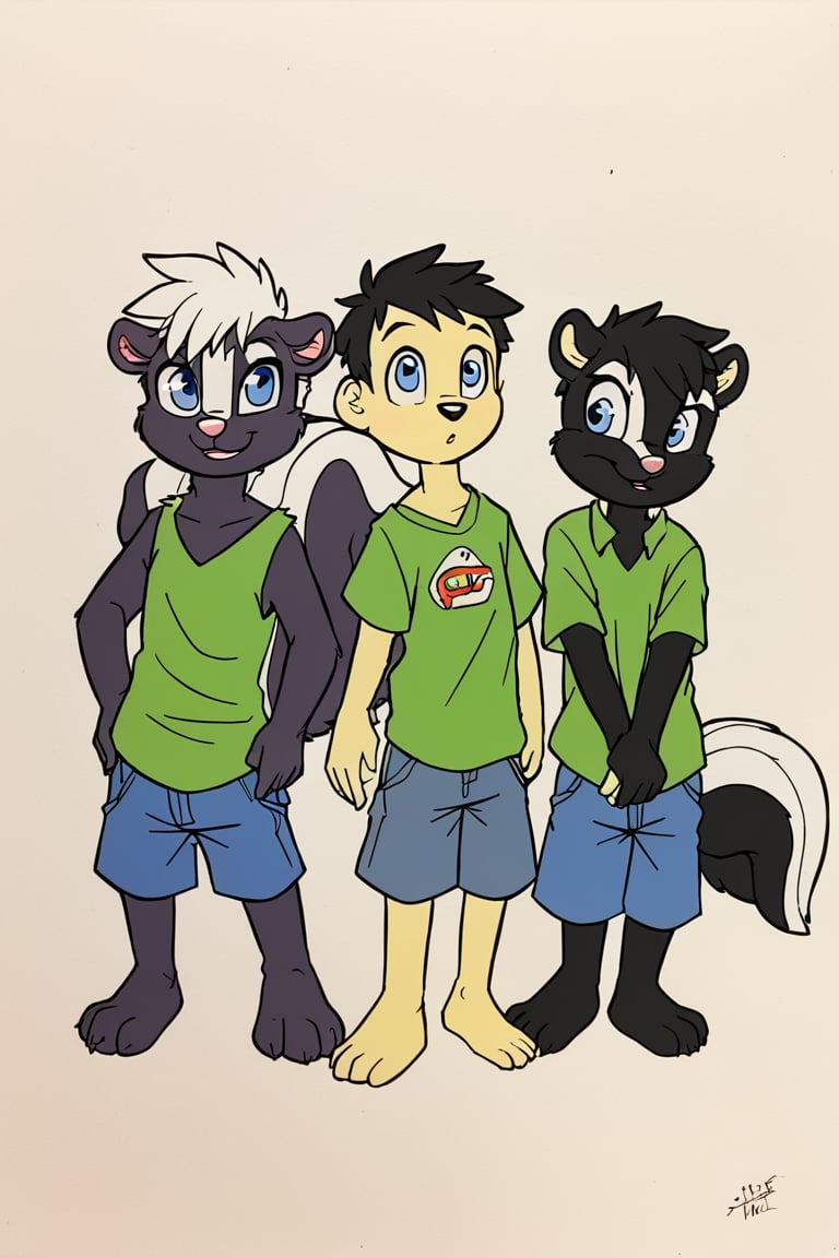 90's style cartoon, male skunk, age: 13, black fur, short white hair, blue eyes, wearing a green t shirt and blue shorts,