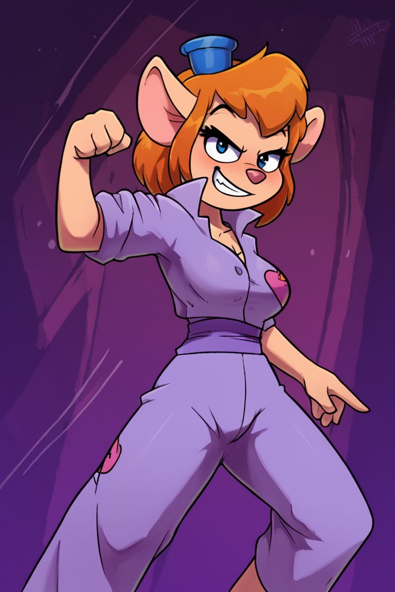 Best quality: furry, mice, retro cartoon, Gadget Hackwrench stands solo, exuding determination as she assumes a powerful kung fu pose. Wearing a striking red Sleeveless Martial Arts Kung Fu Taichi Uniform Suit with Wushu Nanquan Clothes Outfit, her dark blue trousers provide a sleek contrast. Nighttime City street background glows in the shadows, as Gadget prepares to take down bad guys to save her friends.
