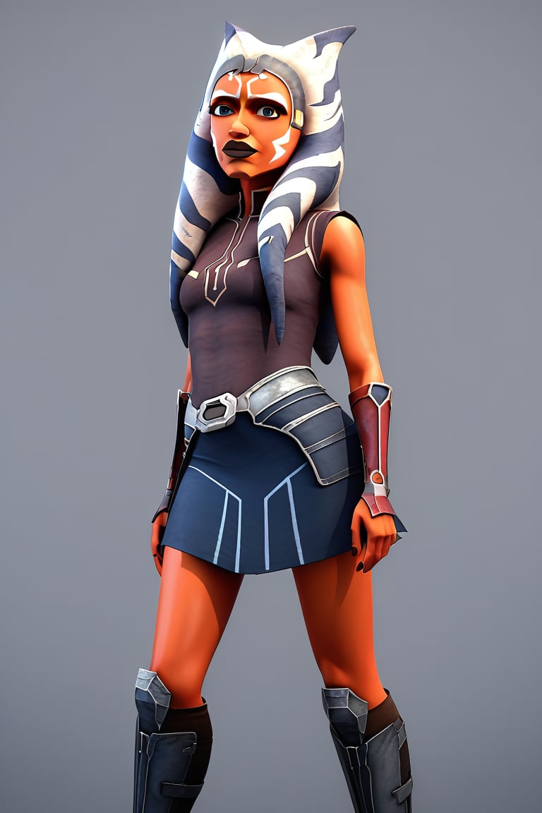 3d, cgi, 1 Ahsoka Tano, grey headband, AhsS7, vibrant colors, blue skirt, knee boots,  standing.