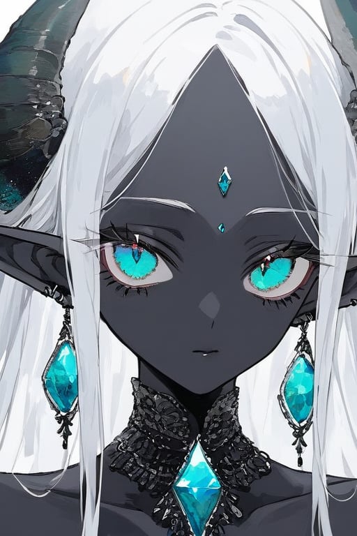 white hair, a girl, black skin, non-human, eyes like jewels, aqua blue eyes