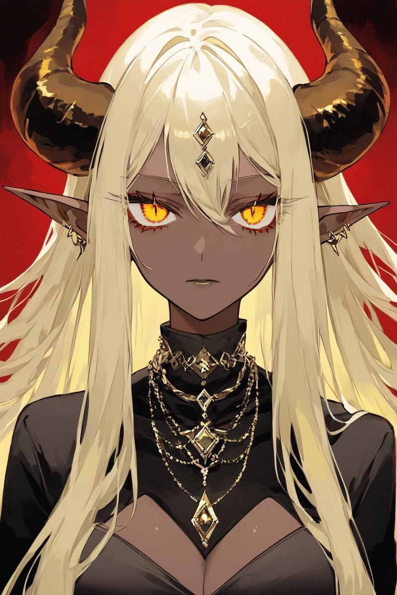 Long blond hair, dark skin, devil horns, eyes like jewels, golden eyes