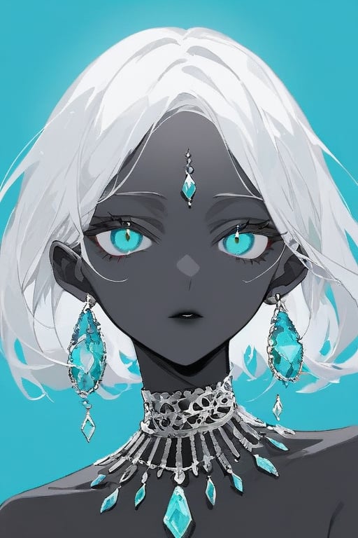 white hair, a girl, black skin, non-human, eyes like jewels, aqua blue eyes