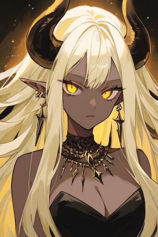 Long blond hair, dark skin, devil horns, eyes like jewels, golden eyes