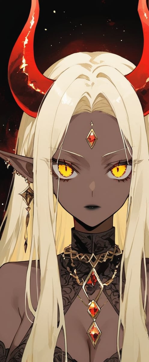 Long blond hair, dark skin, devil horns, eyes like jewels, golden eyes