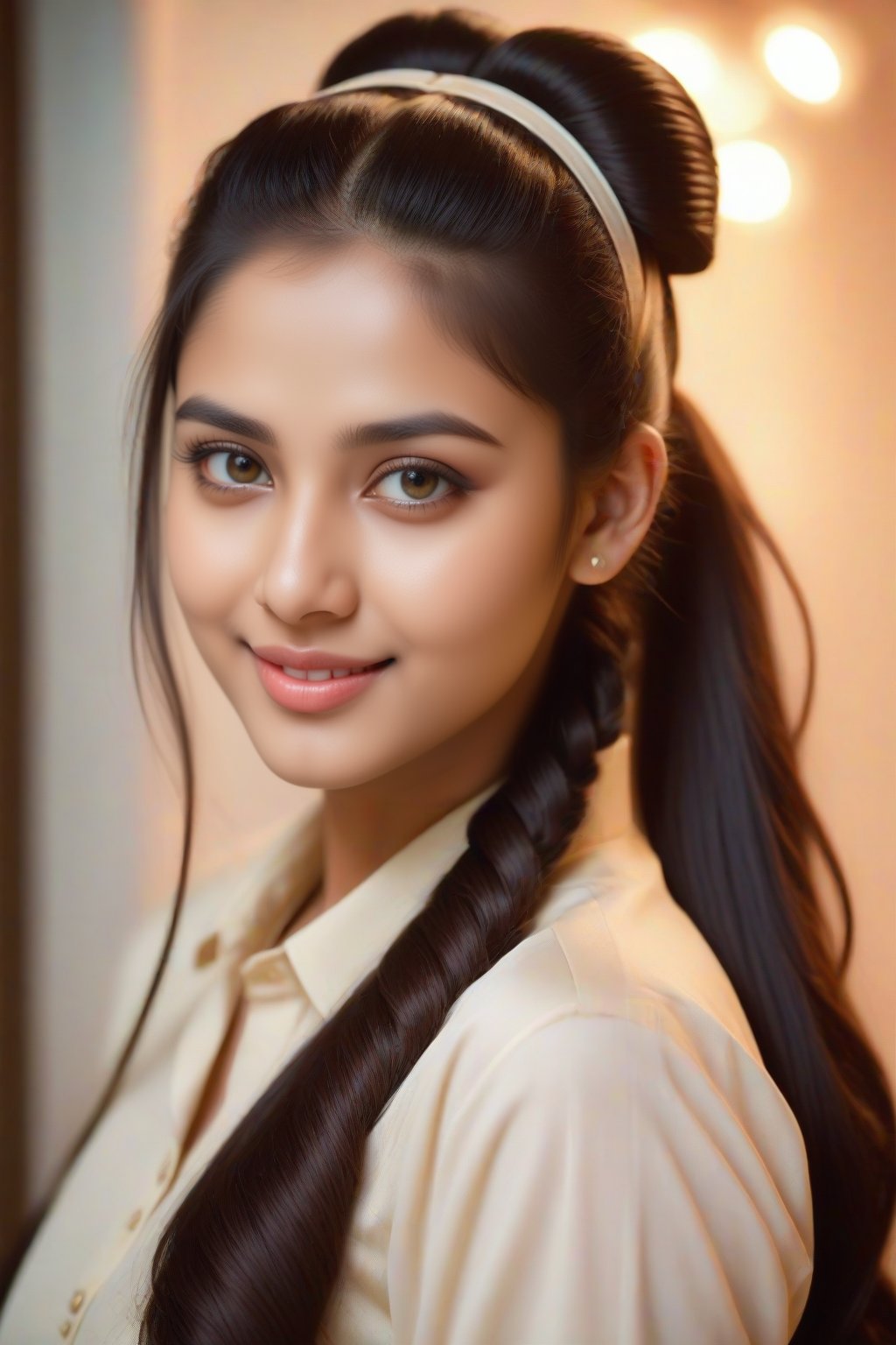 A breathtaking shot of a stunning 18-year-old Indian gravure model, beaming with happiness as she gazes directly at the viewer. Her flawless half-up pony hairstyle is adorned with pastel-colored streaks, framing her porcelain doll-like complexion and oversized eyes that sparkle like diamonds in the soft, watercolor-inspired light. The focus is razor-sharp on her gorgeous face, with a subtle smile playing on her lips. Her twintails cascade down her back like a river of golden silk, as she stands confidently, her perfect body showcased against a uniform 8K background that accentuates every exquisite detail.