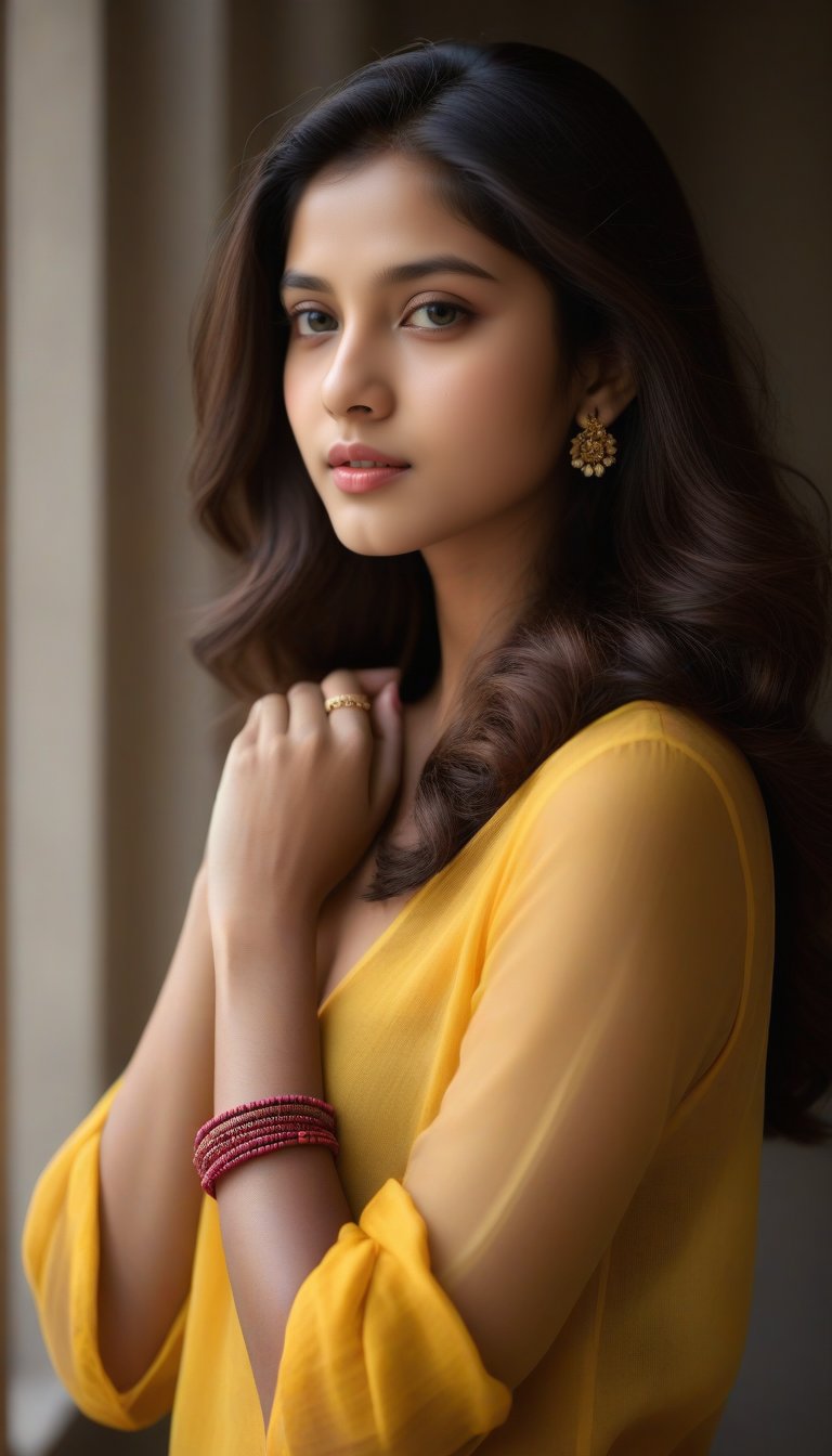 A serene portrait of a young Indian woman: long brown hair cascades down her back as she cradles her head in her clasped h...