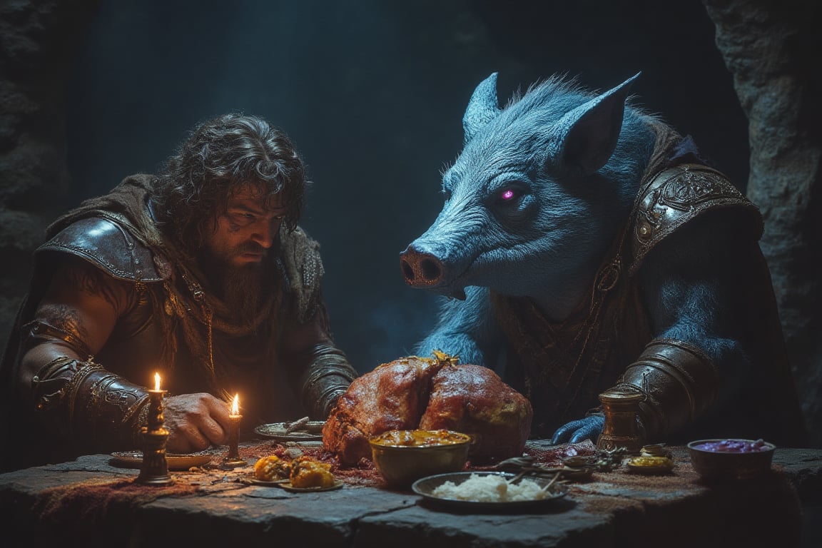 A grizzled warrior shares a celebratory feast with his unlikely companion, a bioluminescent, furry creature, after defeating a monstrous beast. They sit across a rough stone table in a dungeon, the remains of their conquered foe, a massive roasted boar, laid out before them. Flickering candlelight illuminates the scene, revealing the warrior's weary but triumphant expression and the creature's gentle, intelligent eyes. Highly detailed, storytelling, fantasy art, dramatic lighting, rich colors,ArsMovieStill, 80s Fantasy Movie Still