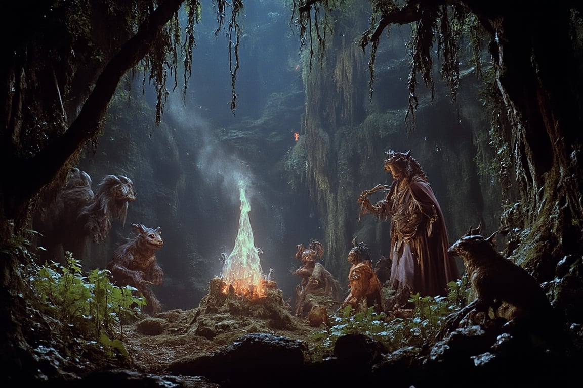 A mystical forest clearing bathed in ethereal light, strange bioluminescent plants, a group of whimsical creatures gathered around a glowing crystal, a young warrior with a glowing sword, intricate costumes, matte painting background, in the style of Brian Froud and Jim Henson's Labyrinth, fantasy art, 80s fantasy aesthetic, slightly soft focus,