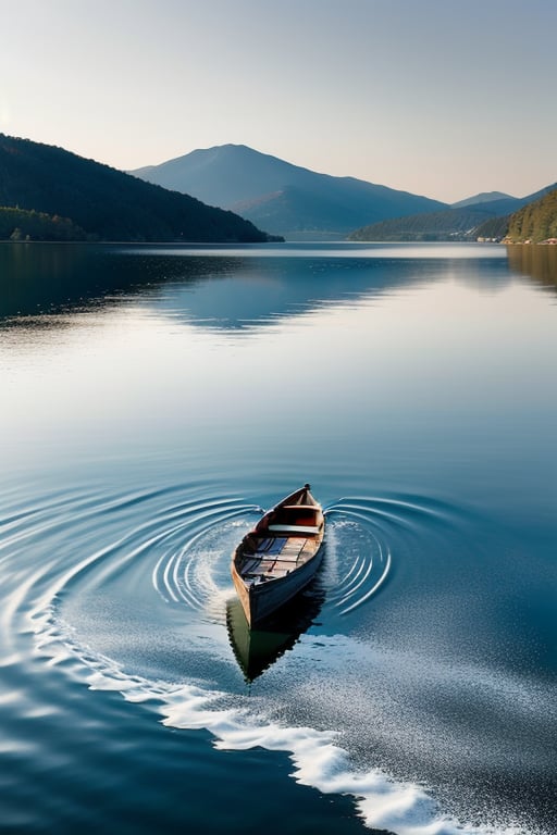 A serene lake scene with a small boat in the center, creating ripples in the calm water. The composition focuses on the boat, framed by the surrounding water and distant mountains. Soft, natural lighting enhances the tranquil atmosphere. The boat appears to be gently rocking, adding a sense of motion to the otherwise still landscape.