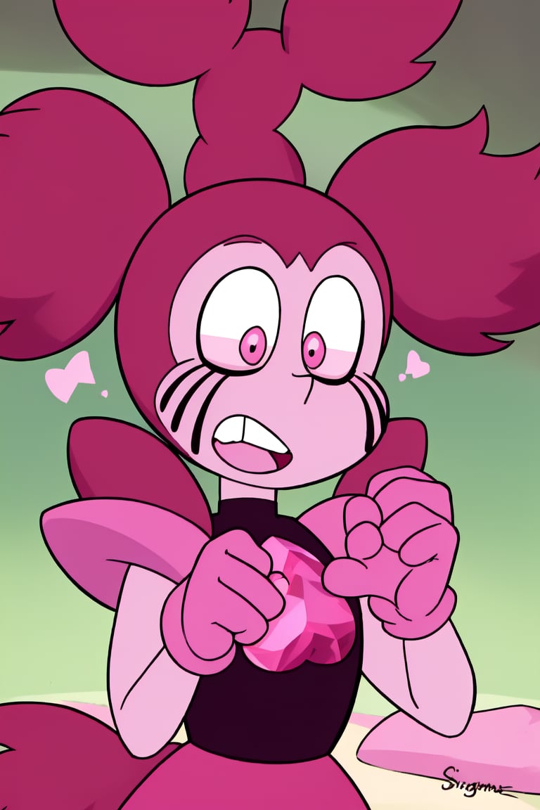 Spinel, pink hair,pink hair,Steven Universe, 1girl, solo, master piece, perfect body, pigtail hair, pink gloves, nose, 2 pigtails, perfect nose, spike pigtails, perfect face,