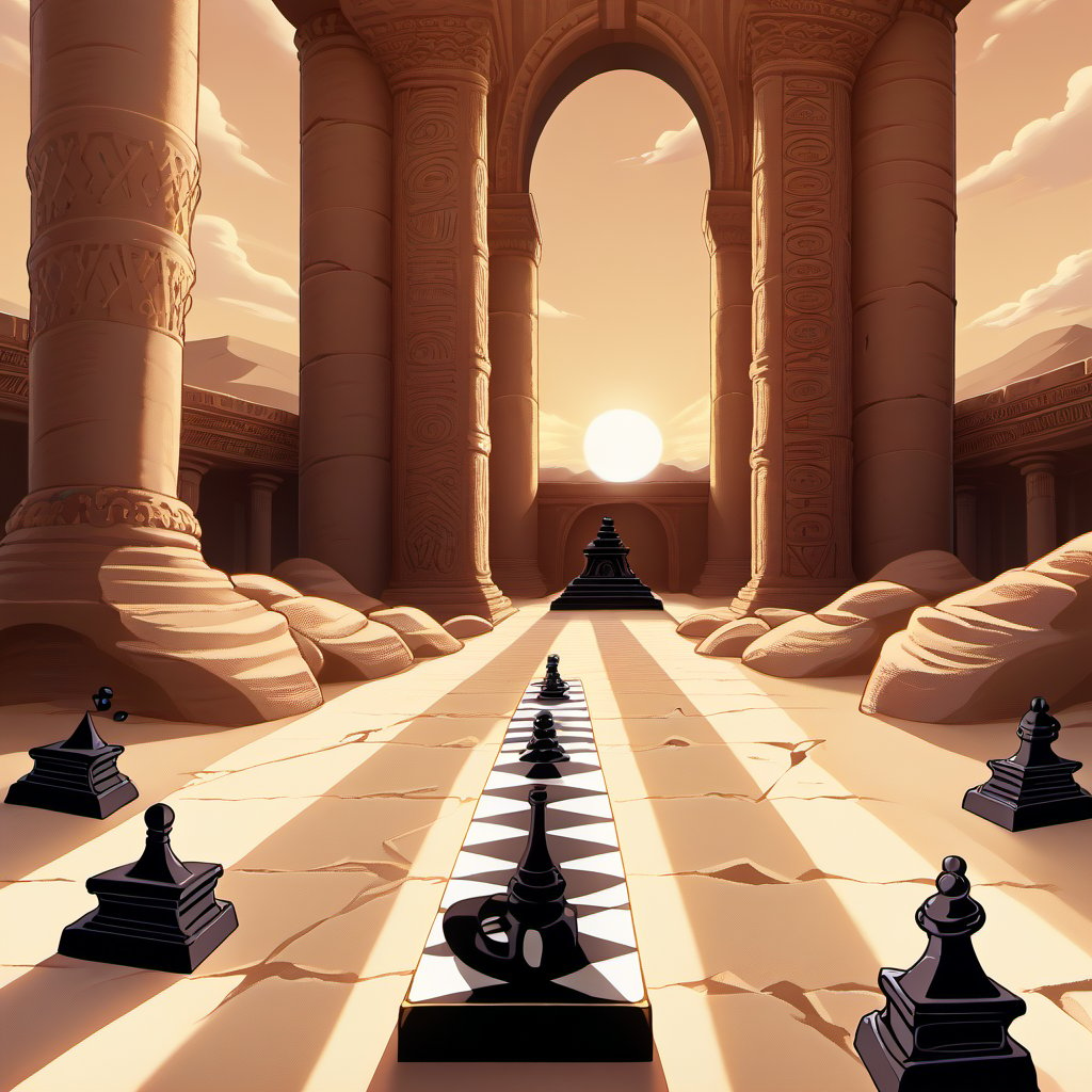 Rugged desert temple ruins provide the dramatic backdrop as the resurrected Mummy, wrapped in tattered linen bandages, makes a calculated move against his cunning black Shadow opponent. Chess pieces and ancient artifacts scattered across the sandy floor, as the Golden Sun sets behind, casting an eerie glow on the mystical game.