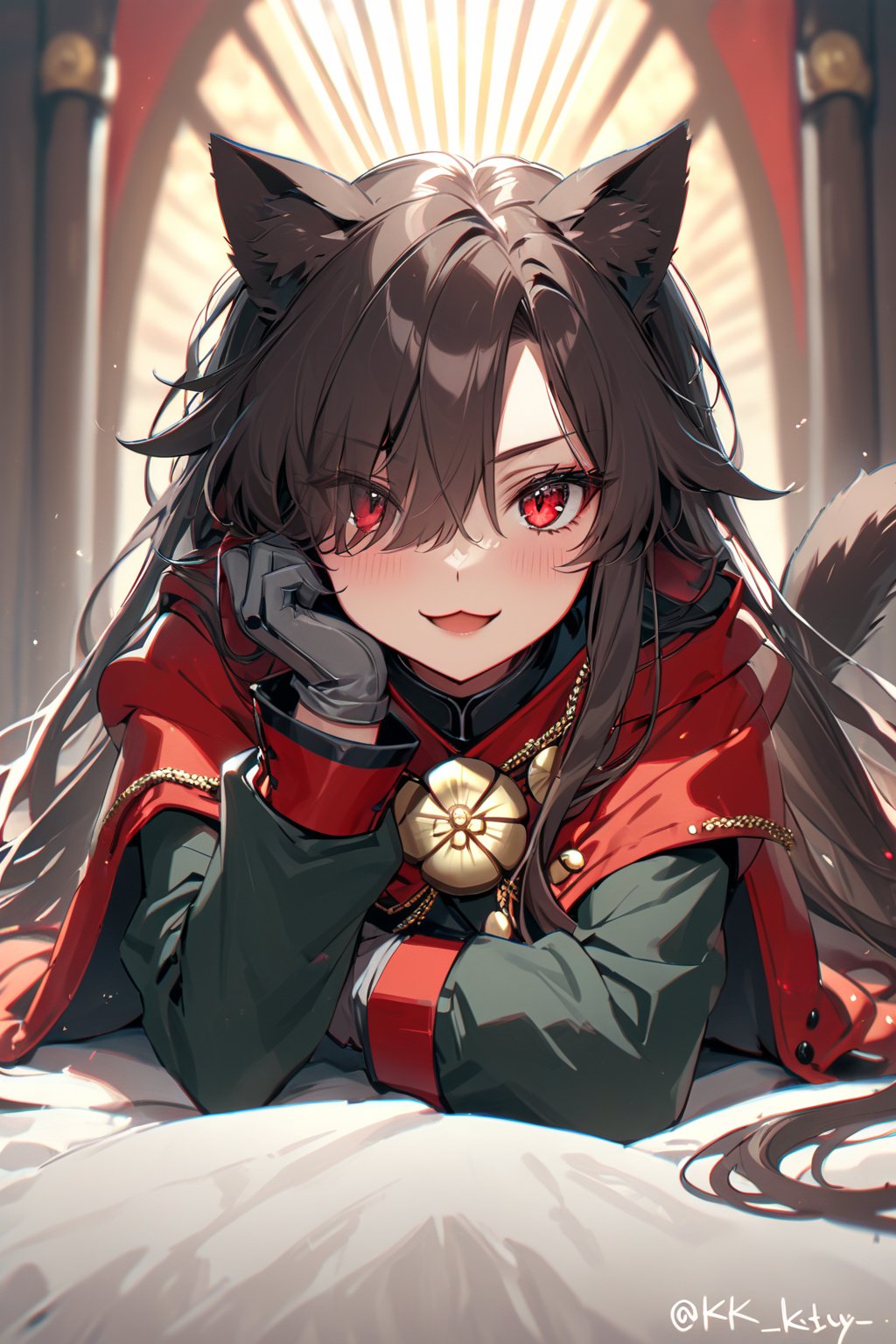 masterpiece,best quality,ultra-detailed,high resolution,perfect anatomy,beautiful detailed eyes,more detail XL, 1girl, long hair, looking at viewer, smile, open mouth, bangs, brown hair, red eyes, gloves, long sleeves, animal ears, jacket, tail, lying, cat ears, chibi, twitter username, hair over one eye, cat tail, :3, on stomach, kemonomimi mode, head rest, grey gloves, oda nobunaga \(fate\), oda nobunaga \(koha-ace\), Fate Grand Order, HKSTYLE