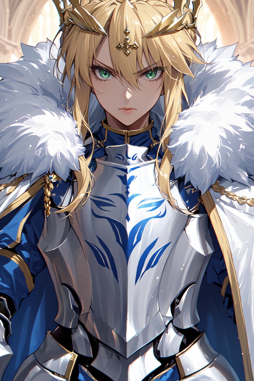 masterpiece,best quality,ultra-detailed,high resolution,perfect anatomy,beautiful detailed eyes,more detail XL, 1girl, solo, long hair, looking at viewer, blonde hair, thighhighs, hair between eyes, closed mouth, green eyes, braid, sidelocks, cape, armor, fur trim, crown, gauntlets, french braid, serious, breastplate, braided bun, fur-trimmed cape, artoria pendragon \(fate\), artoria pendragon \(lancer\) \(fate\),, Fate Grand Order, HKSTYLE