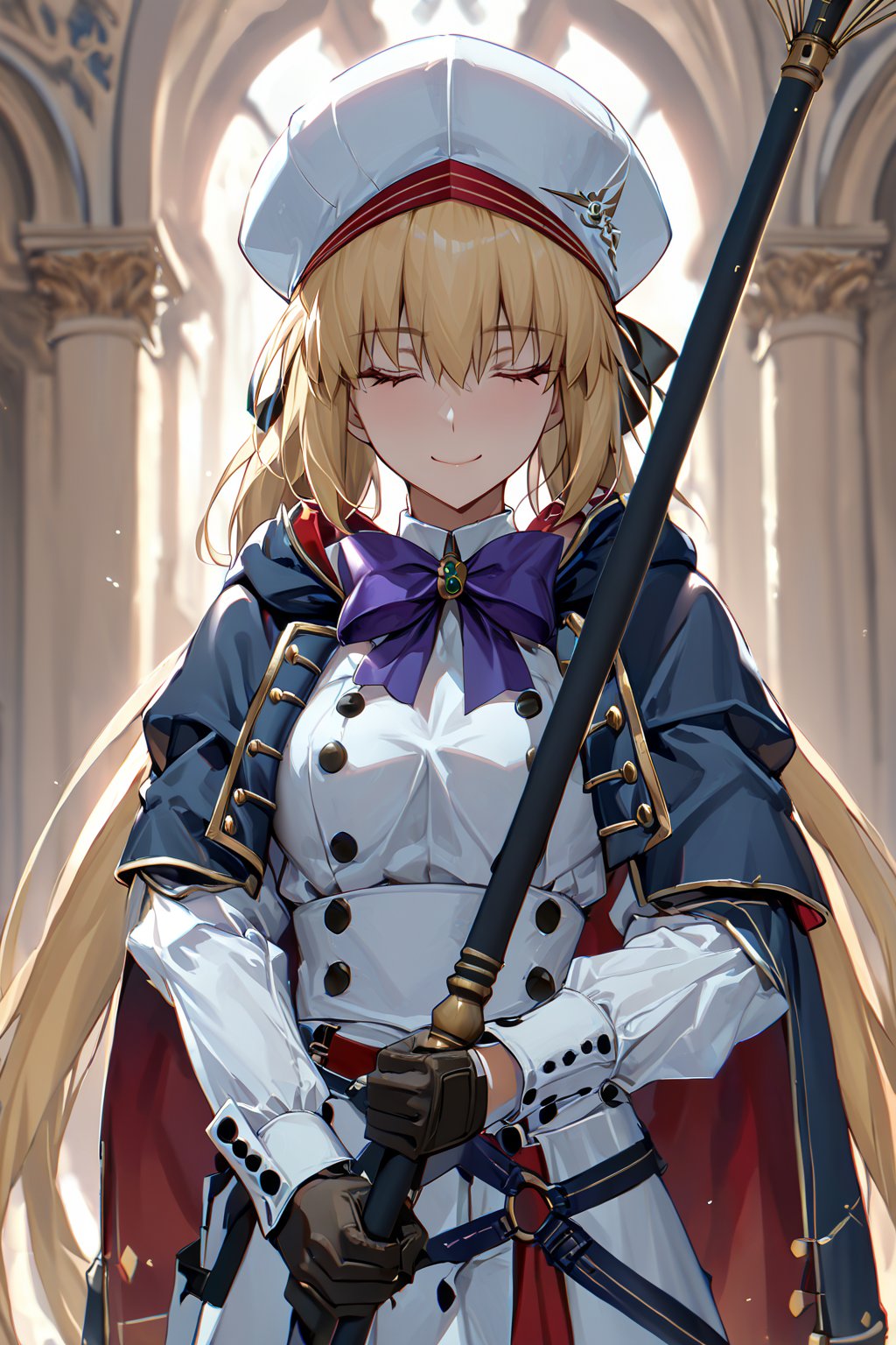 masterpiece,best quality,ultra-detailed,high resolution,perfect anatomy, well endowed body, perfect hands, perfect shape, perfct body,beautiful detailed eyes,more detail XL, 1girl, solo, long hair, smile, blonde hair, gloves, long sleeves, hat, bow, holding, hair between eyes, twintails, closed eyes, black gloves, cape, buttons, beret, staff, holding staff, artoria pendragon \(fate\), artoria caster \(fate\), artoria caster \(second ascension\) \(fate\), Fate Grand Order, HKSTYLE,Castoria