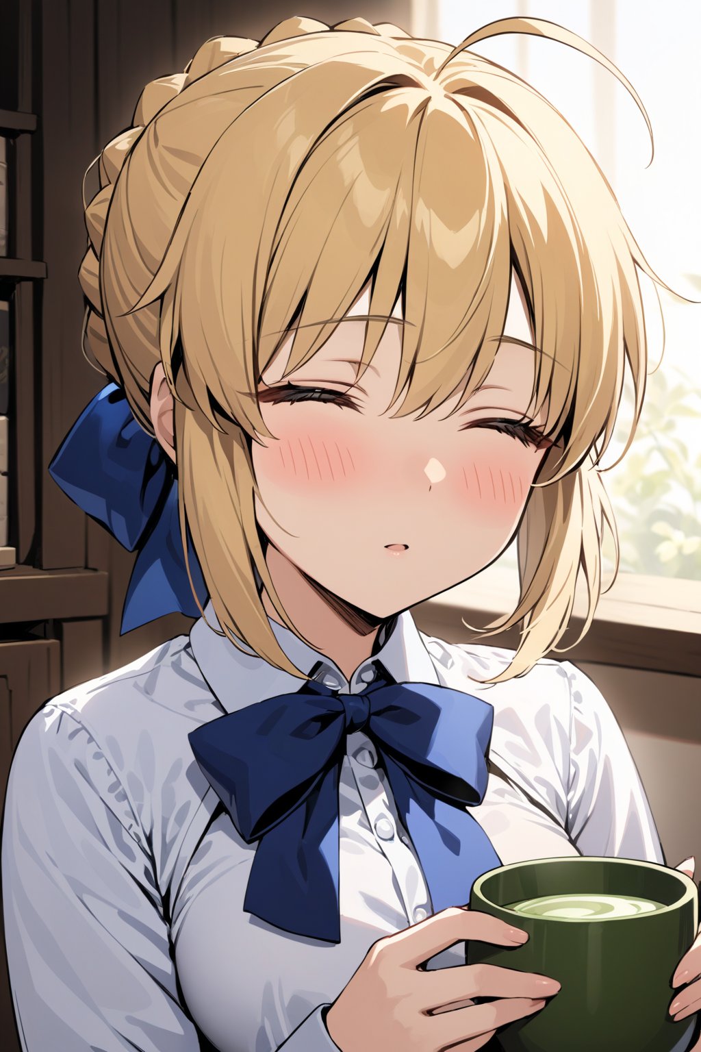 masterpiece,best quality,ultra-detailed,high resolution,perfect anatomy,beautiful detailed eyes, 1girl, solo, short hair, bangs, blonde hair, shirt, long sleeves, bow, ribbon, holding, closed eyes, hair ribbon, white shirt, upper body, braid, flower, ahoge, sidelocks, collared shirt, indoors, bowtie, cup, neck ribbon, blue bow, blush stickers, blue ribbon, blouse, holding cup, facing viewer, = =, blue bowtie, yunomi, artoria pendragon \(fate\), saber,saberB