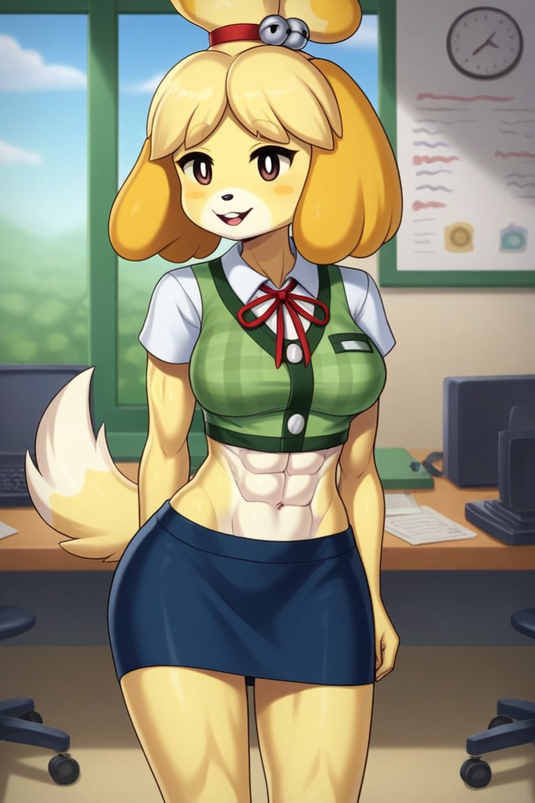 isabelle \(animal crossing\), short sleeve, work attire, blue skirt, red ribbon tie, midriff, abs, dog girl, furry, digital artwork, artwork_(digital), croptop,workplace,1girl, anthrofur,anthro 