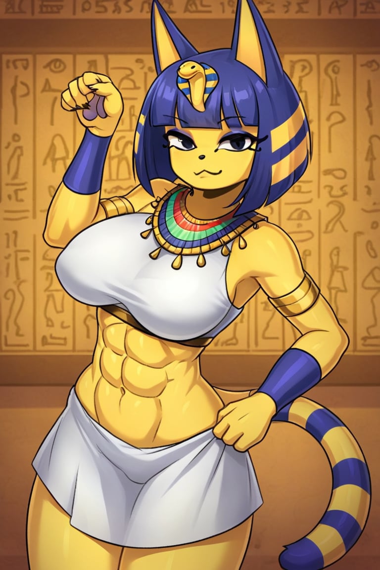 Sleeveless, white dress ,midriff, abs, catgirl, furry, digital artwork, artwork_(digital), croptop,ankha (animal crossing),bare_midriff, Egyptian,egypt, 1girl,smug,