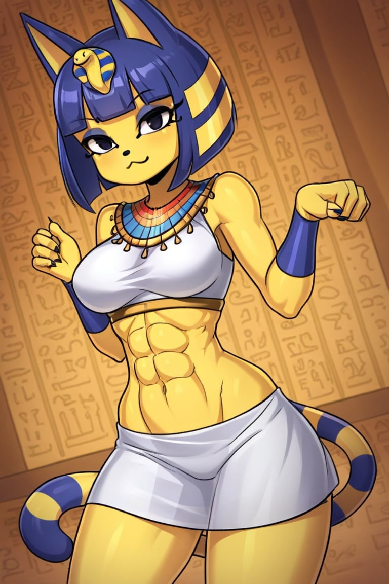 Sleeveless, white dress ,midriff, abs, catgirl, furry, digital artwork, artwork_(digital), croptop,ankha (animal crossing),bare_midriff, Egyptian,egypt, 1girl,smug,