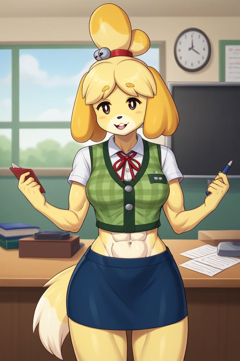 isabelle \(animal crossing\), short sleeve, plaid vest, work attire, blue skirt, red ribbon tie, midriff, abs, dog girl, furry, digital artwork, artwork_(digital), croptop,workplace,1girl, anthrofur,anthro 