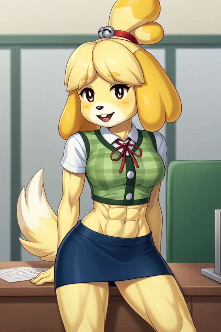 isabelle \(animal crossing\), short sleeve, work attire, blue skirt, red ribbon tie, midriff, abs, dog girl, furry, digital artwork, artwork_(digital), croptop,workplace