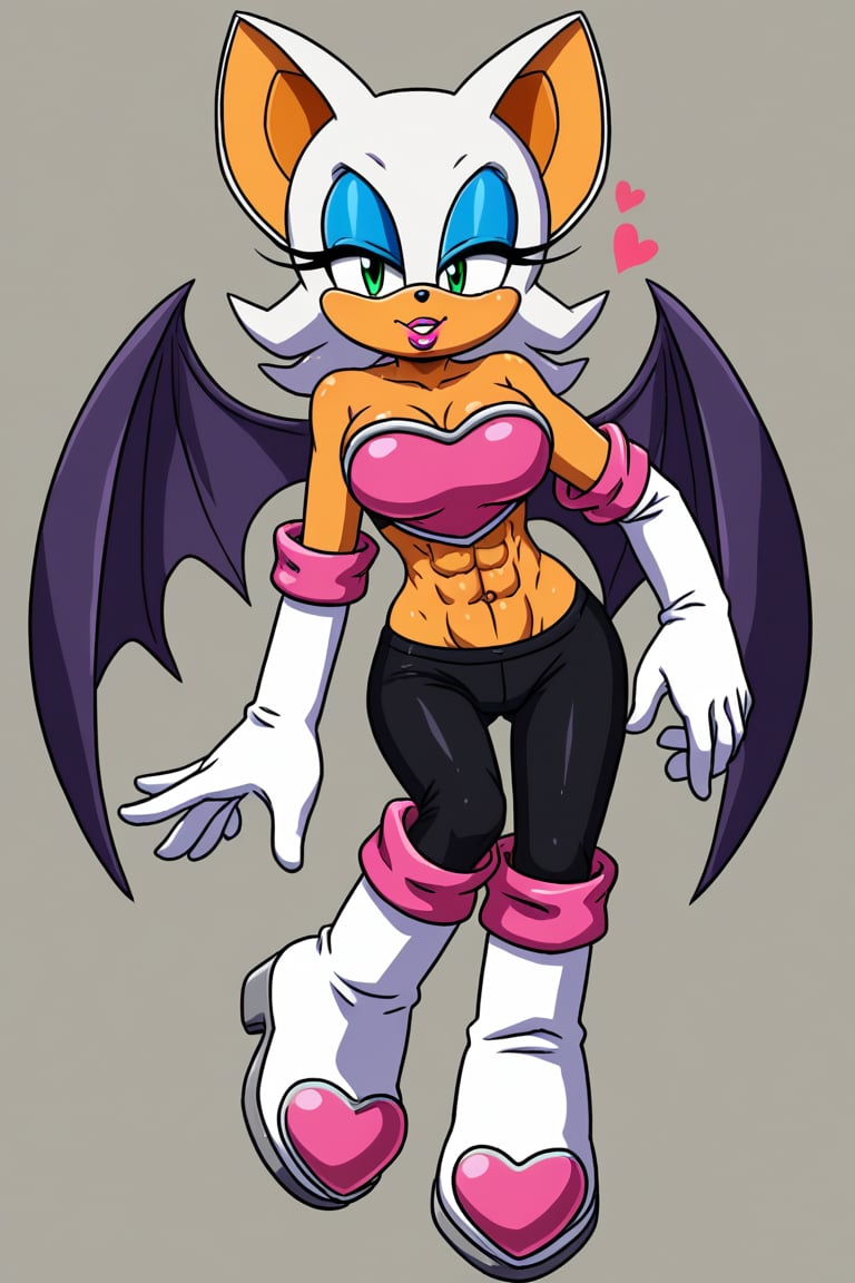 rouge, animal ears, bat ears,bat girl, bat tail, bat wings,eyeliner, furry, furry female,green eyes, makeup,white hair, eyeshadow,bare shoulders, boots, elbow gloves, heart, knee boots,white footwear, white gloves,midriff,abs,artwork_(digital),digital_art,furry,anhtro,croptop,1girl