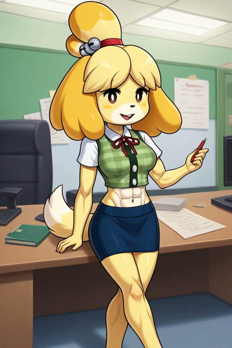 isabelle \(animal crossing\), short sleeve, work attire, blue skirt, red ribbon tie, midriff, abs, dog girl, furry, digital artwork, artwork_(digital), croptop,workplace,1girl