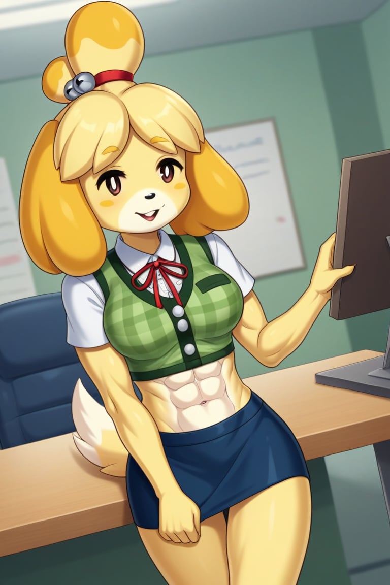 isabelle \(animal crossing\), short sleeve, work attire, blue skirt, red ribbon tie, midriff, abs, dog girl, furry, digital artwork, artwork_(digital), croptop,workplace,1girl, anthrofur,anthro 