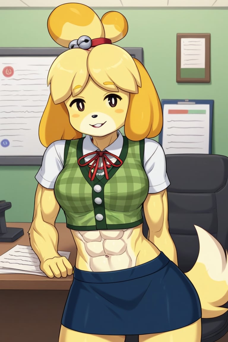 isabelle \(animal crossing\), short sleeve, plaid vest, work attire, blue skirt, red ribbon tie, midriff, abs, dog girl, furry, digital artwork, artwork_(digital), croptop,workplace,1girl, anthrofur,anthro 