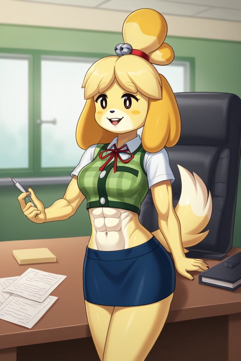 isabelle \(animal crossing\), short sleeve, work attire, blue skirt, red ribbon tie, midriff, abs, dog girl, furry, digital artwork, artwork_(digital), croptop,workplace,1girl, anthrofur,anthro 