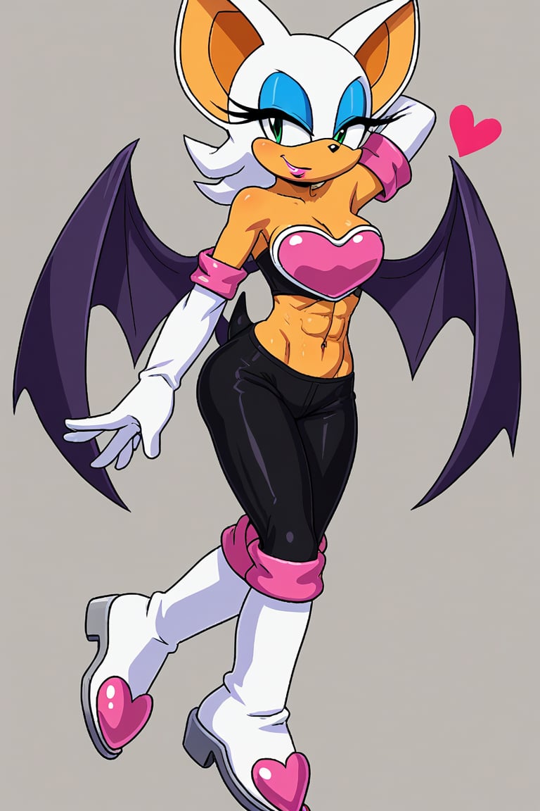 rouge, animal ears, bat ears,bat girl, bat tail, bat wings,eyeliner, furry, furry female,green eyes, makeup,white hair, eyeshadow,bare shoulders, boots, elbow gloves, heart, knee boots,white footwear, white gloves,midriff,abs,artwork_(digital),digital_art,furry,anhtro,croptop,1girl, sideview 