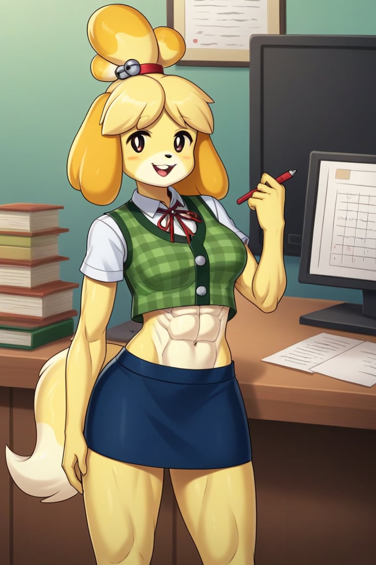 isabelle \(animal crossing\), short sleeve, plaid vest, work attire, blue skirt, red ribbon tie, midriff, abs, dog girl, furry, digital artwork, artwork_(digital), croptop,workplace,1girl, anthrofur,anthro 