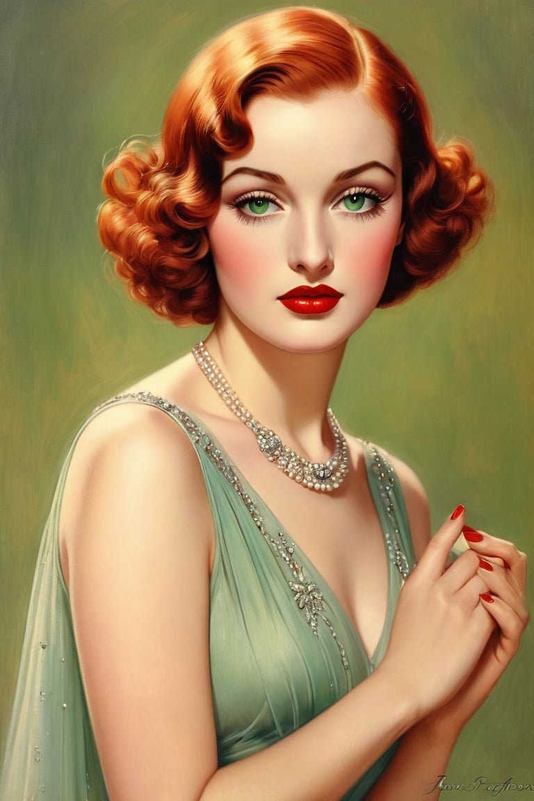 rolf armstrong illustration, 25 years old, 1girl, oil painting, pastel colors, beautiful woman, simple background, 1930s makeup, 1930s hair, 1930s dress, pastel, ultra detailed, soft colors, red hair, perfect anatomy, realistic hands, realistic illustration, picture play magazine, joan crawford, hyper realistic, realistic hands, green eyes, long thick false eyelashes, historically accurate 1930s dress,