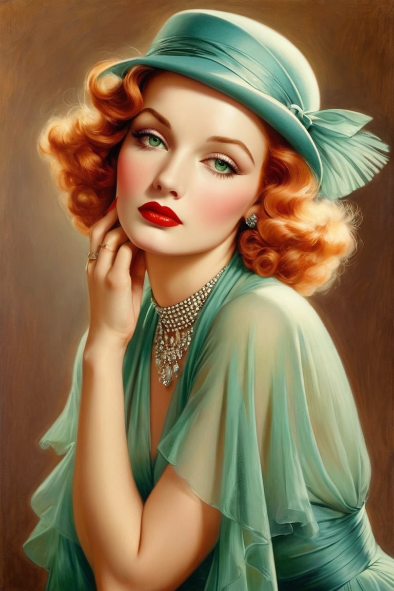 rolf armstrong illustration, 25 years old, 1girl, oil painting, pastel colors, beautiful woman, simple background, 1930s makeup, 1930s hair, 1930s dress, full body, pastel, hand on face, ultra detailed, soft colors, red hair, perfect anatomy, realistic hands, realistic illustration, picture play magazine, marlene dietrich, realistic, realistic hands, green eyes, long thick eyelashes, historically accurate 1930s dress