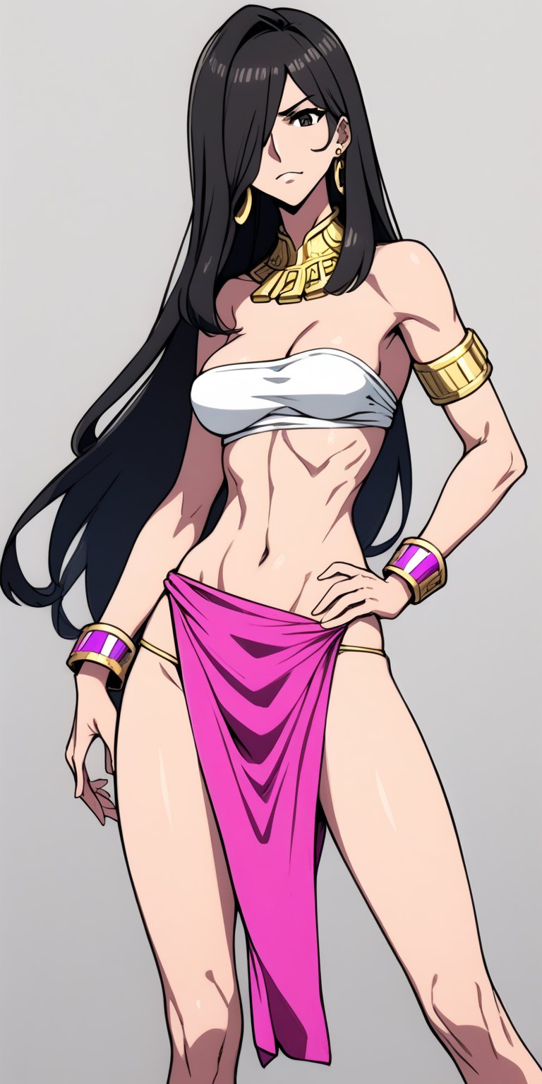 1.girl, Chel from el dorado, Latina, brunette, very long black hair, bangs above the eyes, dark brown eyes, square gold earrings, strapless top, white with pink, pink bracelets, long white skirt style loincloth, slender body with slim figure, naughty and sexy attitude.