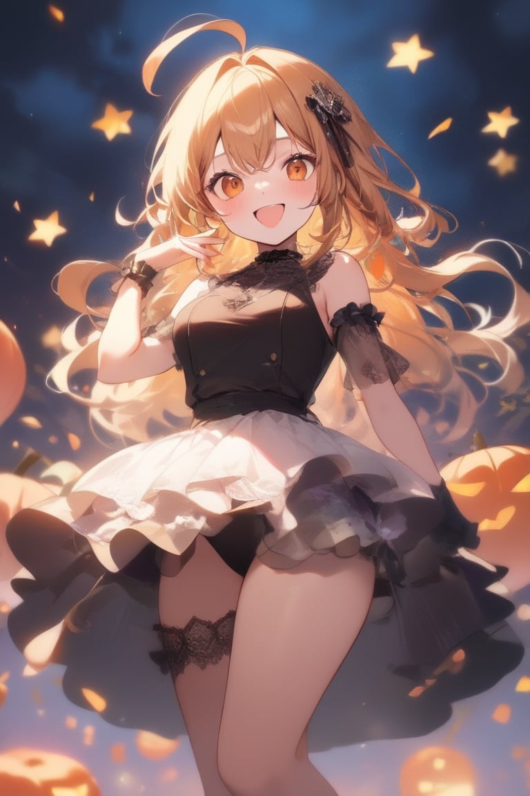 1girl, solo, (gray hair), green eyes, ahoge, (low-pigtail hairs:1.2), (black round frame glasses:1.2), (Witch hat), (Witch cloak), Witch dress, (cute pose), cobweb, (skull), pumpkin lantern, moon, blush, (In the forest at night), (eyes highlight), standing, ((upper body)), very beautiful girl, crazy smiling, slightly angry, himecut hairstyle, masterpiece quality, stunning image, masterpiece, 8K, stunning image, light particles, attractive image, reflections,  \medium\,Beautiful eyes,