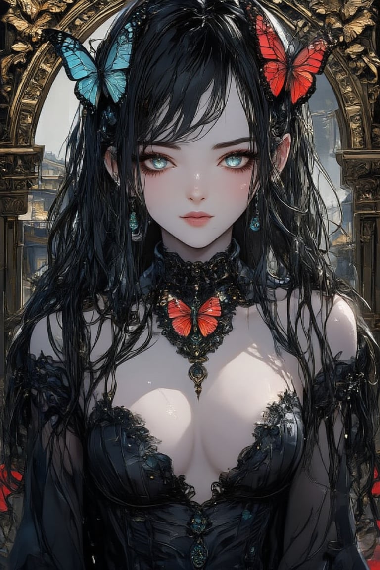 illustration, ink outline, fine detail rendered, color, A beautiful girl in her twenties in a gothic type costume with long black hair, green eyes with a butterfly choker looking at the  is looking at viewer crafted ornaments, detailed background, fantastic, mysterious, perfect composition, , (masterpiece:1.2), ((best quality, 8k, ultra-detailed, very clear)), perfect anatomy, anatomically correct hands, detailed hair, delicate hair expression, detailed eyes, beautiful face, beautiful eyes, extremely stylish, The most fashionable,FANGS