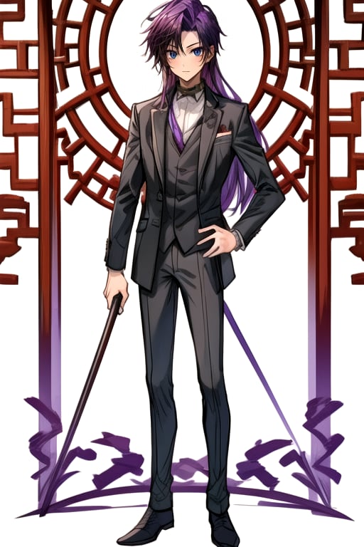 a young man in his early 20's with long purple hair, deep eyes, violet eyes, wearing a suit combining Viking and traditional Chinese styles, shows his full body, masterpiece,  best quality,