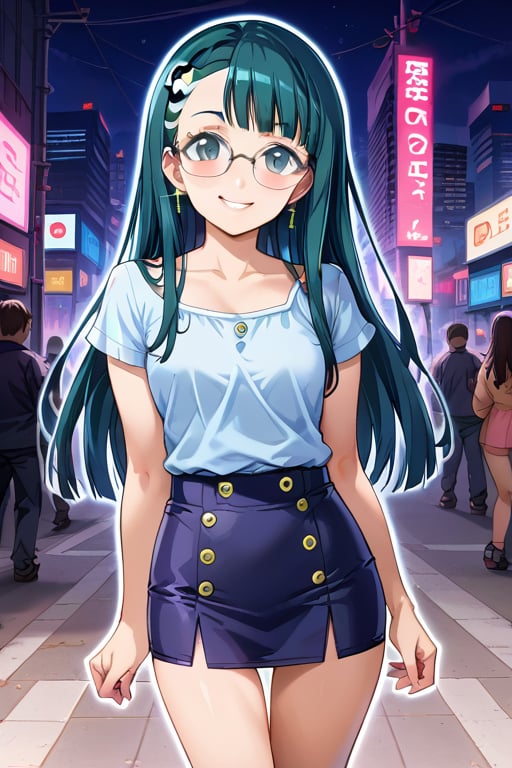 city,cyberpunk,(streetscape:1.1),(neons:1.2),ray tracing,street,night view, 1girl, black long hair, short skirt,  looking at viewer, thigh up body, earings, blush, outline, 2D manga artstyle, smile, Glasses
,  pisces, catwalk,Anitoon2,Black