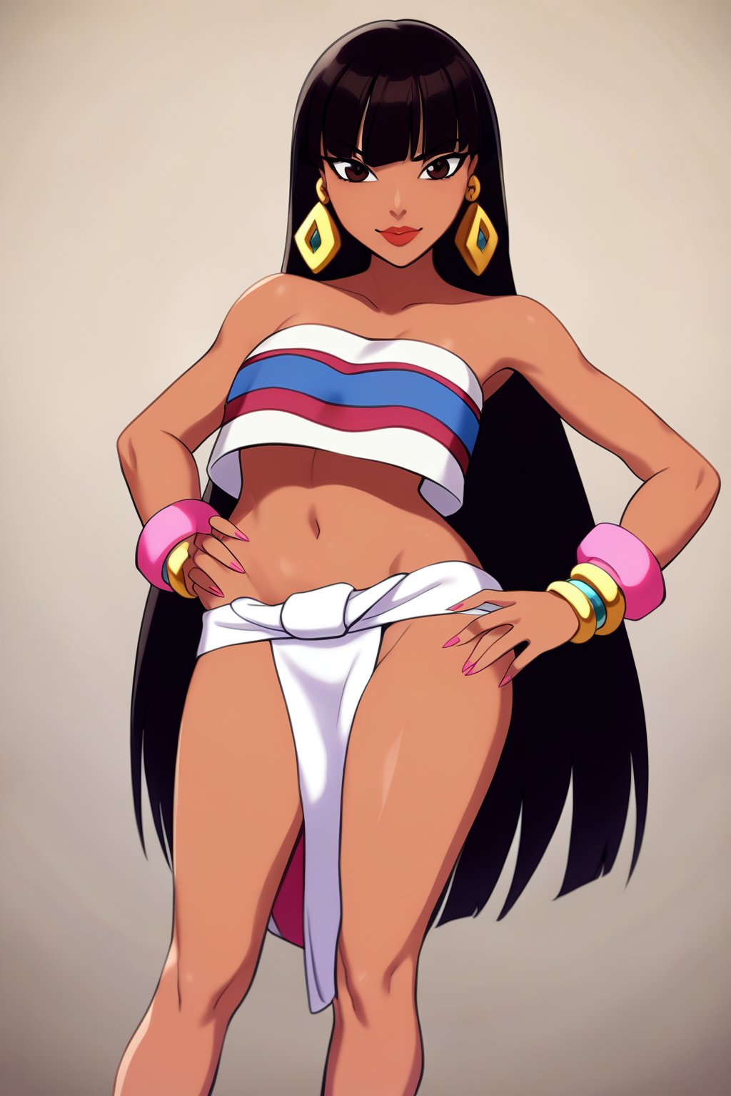 1.girl, chel_(the_road_to_el_dorado), native American, very long black hair, bangs above the eyes, dark brown eyes, square gold earrings, strapless top, white with pink, pink bracelets, long white skirt style loincloth, slender body with slim figure, naughty and sexy attitude.