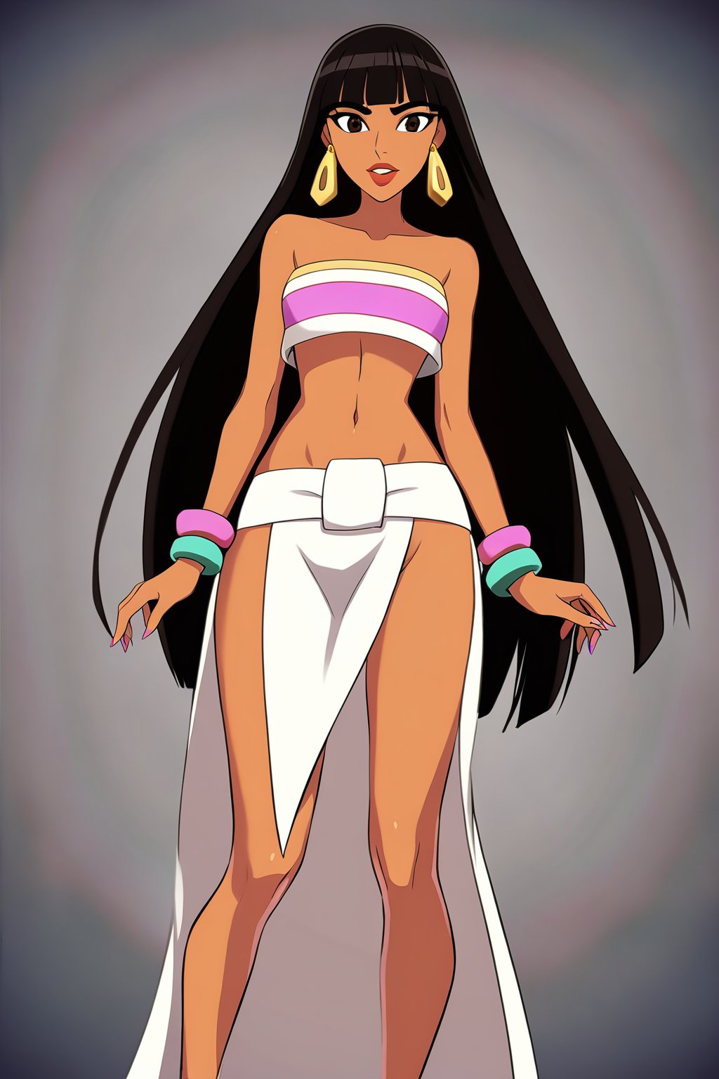 1.girl, chel_(the_road_to_el_dorado), native American, very long black hair, bangs above the eyes, dark brown eyes, square gold earrings, strapless top, white with pink, pink bracelets, long white skirt style loincloth, slender body with slim figure, naughty and sexy attitude.