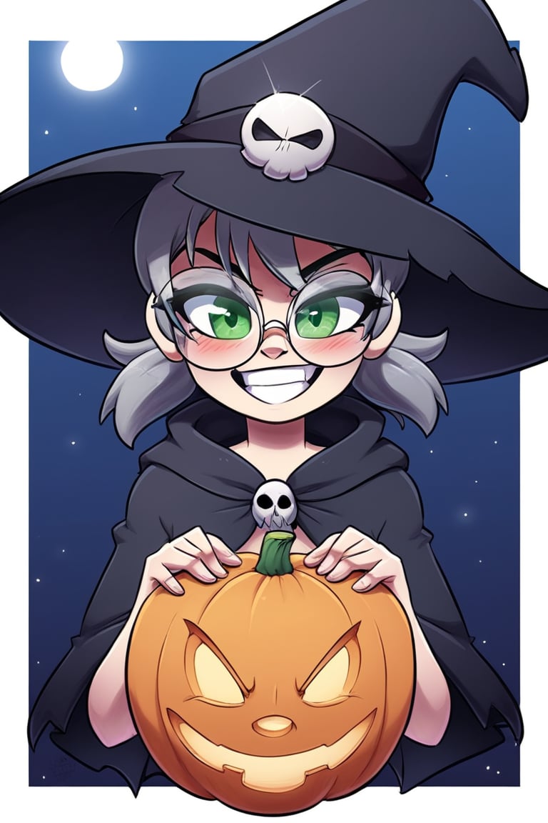 1girl, solo, (gray hair), green eyes, ahoge, (low-pigtail hairs:1.2), (black round frame glasses:1.2), (Witch hat), (Witch cloak), Witch dress, (cute pose), cobweb, (skull), pumpkin lantern, moon, blush, (In the forest at night), (eyes highlight), standing, ((upper body)), very beautiful girl, crazy smiling, slightly angry, himecut hairstyle, masterpiece quality, stunning image, masterpiece, 8K, stunning image, light particles, attractive image, reflections,  \medium\,Beautiful eyes,